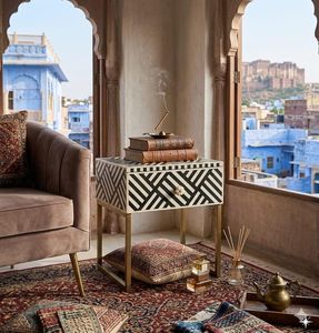 Contemporary Square Bedside Wardrobe With Geometric Pattern And Gold Metal Legs Decorative Side Table For <b>Bed</b> room Hotel Use - Product Image 6