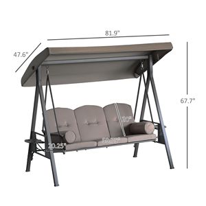 Comoda panca a dondolo da giardino a 3 posti con tettoia in acciaio, colore marrone, con vassoi laterali e cuscini per un relax ottimale - Product Image 3