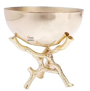 Cuenco para servir de acero inoxidable y metal de forma redonda con acabado dorado clásico con soporte para restaurante de hotel - Product Image 1