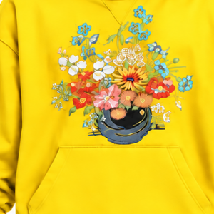 Sweat-shirt à capuche jaune avec broderie florale colorée, poche kangourou, coupe oversize, style streetwear décontracté - Product Image 6