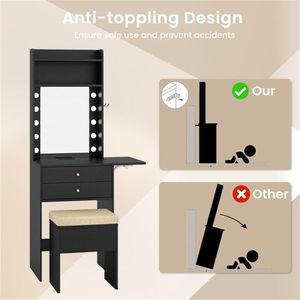 "Wooden Lighted <b>Makeup</b> Vanity Set with 3 Color LED <b>Mirrors</b> Charging Station Foldable Table Cushioned Stool" - Product Image 5