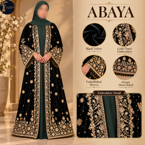 Tela de Terciopelo Negro con Bordado Floral Dorado y Borde Ornamentado |   Motivos Florales Delicados y Dobladillo Decorativo para la Confección de Abayas - Product Image 5