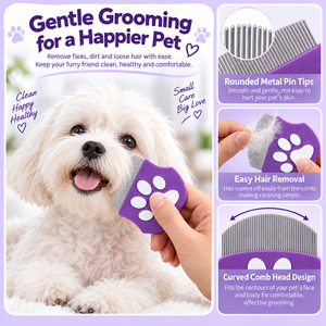 Peine para mascotas XH para gatos y perros, peine de metal redondeado para el cuidado del pelaje, peine suave de plástico para pulgas, herramienta curva para eliminar el pelo. - Product Image 1