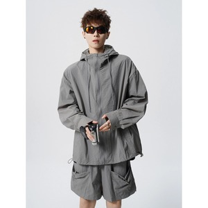Men's Hooded Windbreaker <b>Jacket</b> Gray Polyester Zipper Closure Streetwear Loose Fit Spring Outdoor Wear - Product Image 1