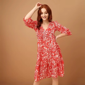 Elegant Floral Print Chiffon Gathered Pleated Formal Midi Dress Women Puff Sleeve V-neck Breathable Summer Party Dress - Product Image 1
