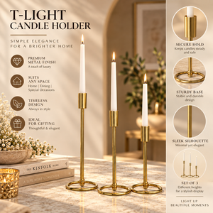 Golden <b>Taper</b> <b>Candle</b> <b>Holders</b> Set of 3 with Round Base for Dining Table Decor | Tall Metal <b>Candle</b> Stands for Wedding Home and Gift - Product Image 5
