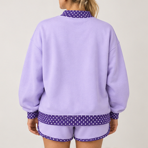 <b>Women's</b> Lavender Contrast Polka Trim Mock Neck 2-Piece <b>Shorts</b> <b>Set</b> Custom Casual Sportswear - Product Image 2