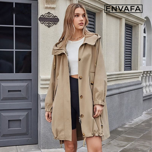 Gabardina Impermeable y Cortavientos para Mujer, Color Caqui, con Capucha, Estilo Moderno, con Cierre y Botones, de Poliéster - Product Image 4