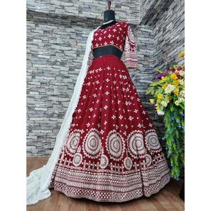 MARIAGE LEHENGA CHOLI SEQUENCE BRODERIE TRAVAIL AVEC GEORGETTE DUPATTA MAROON - Product Image 4