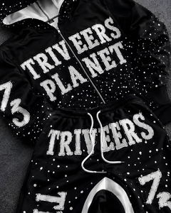 ชุดแทรคสูทสตรีทแวร์โอเวอร์ไซส์สีดำพรีเมียม Triveers Planet 73 – เสื้อฮู้ดซิปคุณภาพสูงและกางเกงจ็อกเกอร์เข้าชุดสำหรับผู้ชาย - Product Image 2