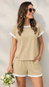 Ensemble t-shirt et short pour femme, couleur kaki, décontracté, été, 2 pièces - Product Image 1