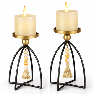 Gold and Black Candle Holders with Tassel Beads Decorative Candle Stand Set for Home Decor Modern Style Metal and Beaded Design - Product Image 4