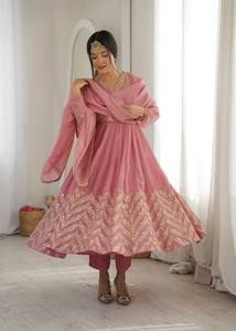 Pink Anarkali Suit Embroidered Indian Dress Sharara Set V Neck Floor-Length Loose Fit Sun Protection Net Dupatta Wedding - Product Image 2