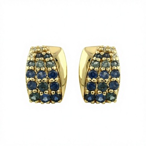 14K Gold Plated <b>Blue</b> Sapphire White Diamonds Pave <b>Stud</b> <b>Earrings</b> Multi Stone Cluster Fine Jewelry - Product Image 1