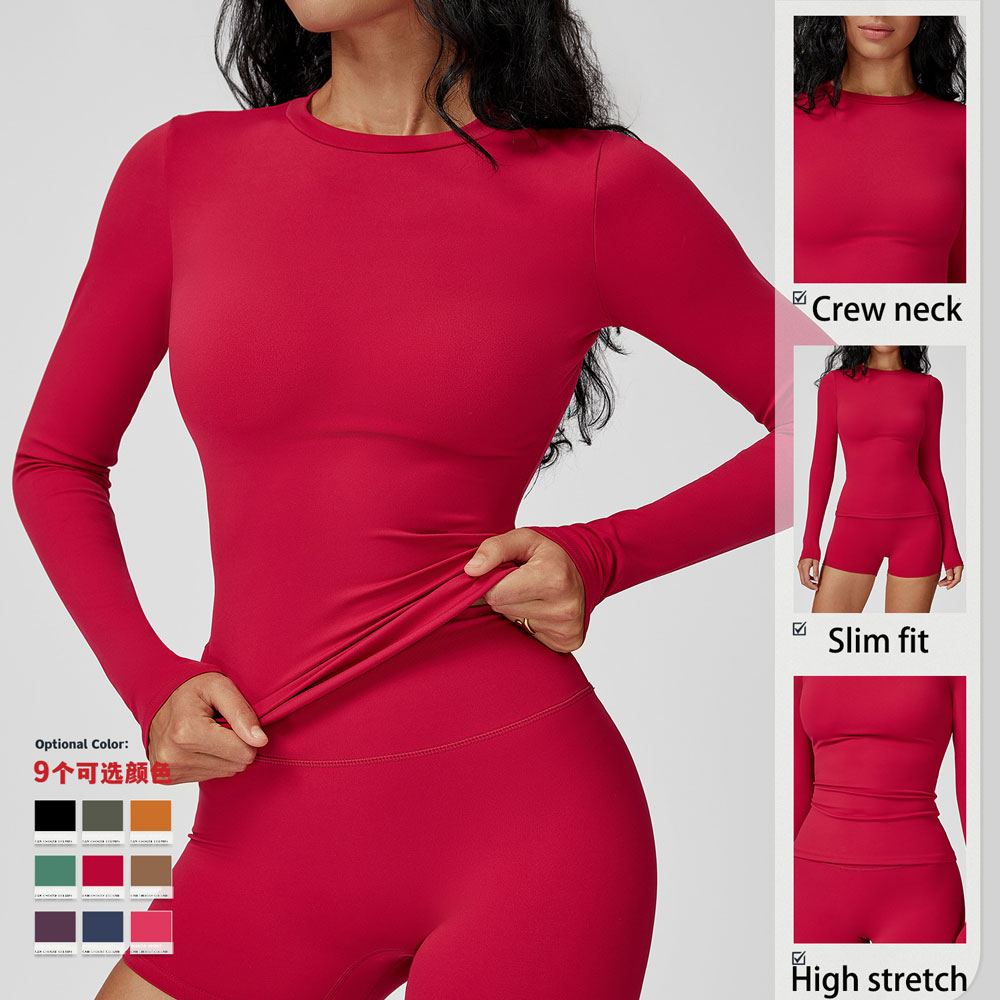 New Luxury Solid Color Crew Neck Compression Yoga Sports Top Spandex/Nylon Brushed Tight Four-Way Stretch Long Sleeve