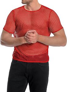 T-shirts en maille filet transparente, couleur rouge unie, à manches courtes et col rond, coupe ajustée, respirants, pour le sport, à vendre - Product Image 5