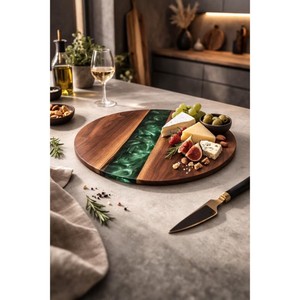 Plateau tournant rond en bois avec incrustation de marbre, design minimaliste fait main pour les plats et assiettes de fête - Product Image 4