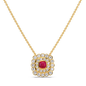 Red Center Floral Halo Diamond <b>Necklace</b> with Layered Round Sparkle Frame and Elegant <b>Statement</b> Design - Product Image 1