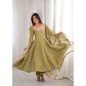 Classic Printed Maslin Anarkali Gown Set With <b>Mirror</b> Lace Organza Dupatta Straight Pant Fully Stitched Ethnic Wear( HTU 55) - Product Image 2