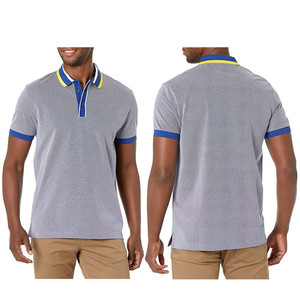 Chemise à manches courtes en piqué gris pour homme, col vert jaune, tissu tricoté décontracté, coupe classique, coton/fibre de bambou, rayée - Product Image 3