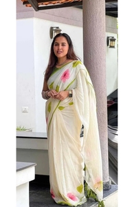 Sari en coton et lin à imprimé floral pour femme K V INTERNATIONAL avec chemisier non cousu, séchage rapide, sans plis, réversible - Product Image 4