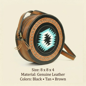 Sac bandoulière rond en cuir style cowgirl western, fait main, avec décorations turquoise et motif tapis aztèque, sac messager circulaire tendance - Product Image 3