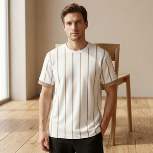 Men's Casual Short Sleeve Striped Knitted <b>T</b>-<b>Shirt</b> O-Neck Regular Fit Contrast Trim Eco-Friendly Cotton Breathable Machine Front - Product Image 6