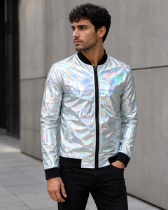 Wholesale Custom <b>Mens</b> Bomber <b>Jacket</b> Shiny Rainbow Front Glitter Print Zip Front Stand Collar Autumn <b>Jacket</b> Windproof <b>Canvas</b> OEM - Product Image 3