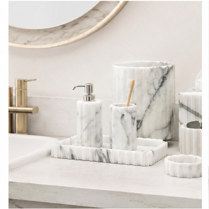Ensemble d'accessoires de salle de bain en marbre blanc de luxe, distributeur de savon, porte-brosse à dents, boîte à mouchoirs et plateau pour la décoration moderne de la maison et de l'hôtel - Product Image 4