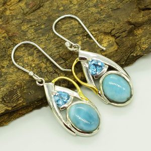 Boucles d'oreilles pendantes en forme de goutte d'eau avec topaze bleue et pierre Larimar, serties en argent sterling 925, style classique pour femme - Product Image 3