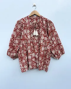Elegant Brown Floral Hand Block Print Top Cotton Puff Sleeve Loose Fit <b>Boho</b> style Tie-Neck Detail <b>Summer</b> Casual Mini <b>Dress</b> - Product Image 2