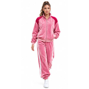 Ensemble de survêtement en velours rose à manches longues avec fermeture éclair sur le devant, tenue décontractée d'automne, couleur unie, col montant, pantalon en polaire unisexe pour adulte - Product Image 4