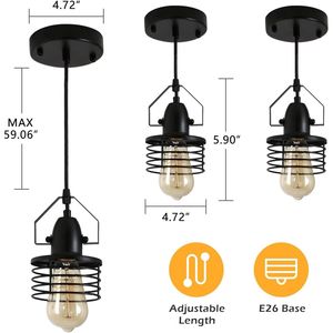 Lampada a Sospensione Nera in Metallo a Gabbia per Sala da Pranzo, Attacco E26, 1 Luce, Paralume a Molla [Senza Lampadina] [Lampadari e Lampade a Sospensione] - Product Image 3