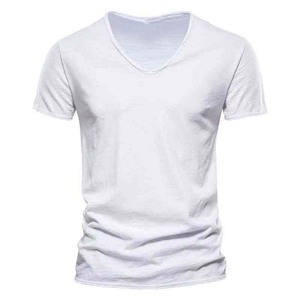 เสื้อยืดคอกวีทรงเข้ารูปแขนสั้นผู้ชาย ผ้าฝ้าย 100% สีพื้น ผ้าเจอร์ซีย์ถักแบบลำลอง สีขาว ดีไซน์เรียบ - Product Image 4