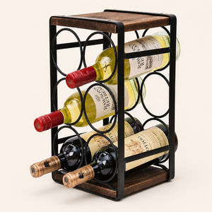 6-Bottle Rustic Wood Countertop <b>Wine</b> Rack Metal Tabletop <b>Wine</b> Holder Home Bar Storage Display Premium Tabletop <b>Wine</b> Rack - Product Image 1