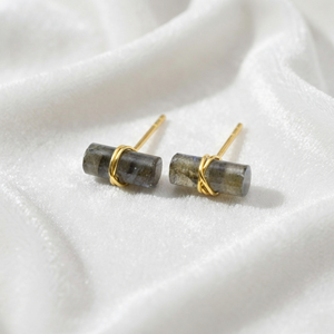 Ratnarachit Labradorite <b>Earrings</b> 12x5mm Rounded Rectangle Wire Wrapped Gold Plated Minimalist <b>Studs</b> for Gift - Product Image 6