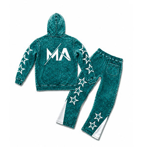 Conjunto de chándal con capucha en color verde azulado con efecto acid wash, estrellas blancas y pantalones largos con cordón de 350 gsm, 100% algodón, estilo streetwear. - Product Image 2
