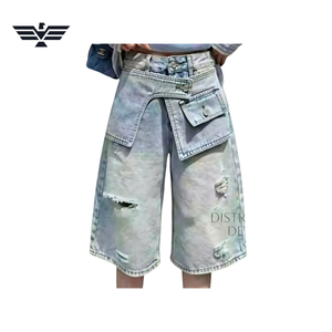 High Waist Stonewashed <b>Denim</b> Cargo Pants Ripped Loose Fit Summer Casual Wear Cotton Woven Fabric - Product Image 4