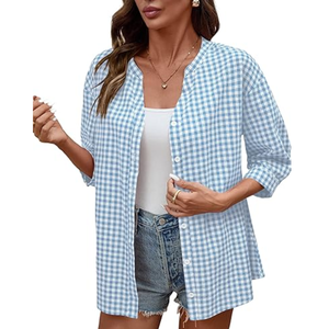 Blusa informal holgada para mujer, cuello en V, teñida con hilo, 100% algodón, manga tres cuartos, con botones, éxito de ventas. - Product Image 2