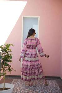 Bohemian Full Sleeve Off shoulder Floral Floor-Length Natural Waist Eco-Friendly Cotton Summer Holiday Dress for Women - Product Image 2