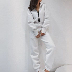 Conjunto Deportivo de Mujer con Capucha y Cremallera, Sudadera de Manga Larga y Pantalones Deportivos, Estilo Casual Holgado, Color Blanco Liso - Product Image 1