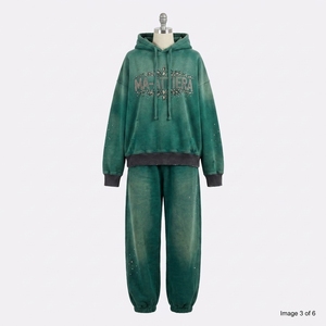 Conjunto de Sudadera con Capucha Oversize Verde Oscuro y Pantalones Jogger para Mujer, con Pedrería, de Algodón y Felpa, Estilo Urbano, Chándal OEM al por Mayor - Product Image 4