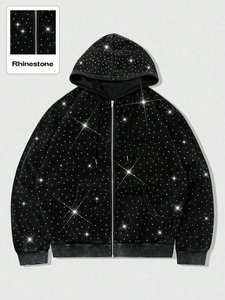 OEM Sweat à capuche zippé en polaire, imprimé léopard, entièrement orné de strass et de cristaux scintillants, coupe oversize, style streetwear, épais pour l'hiver - Product Image 4