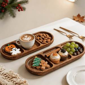Plateau de service en bois de forme ovale avec quatre compartiments, design nordique fait main, motif de dessin animé pour les plats et assiettes de fête - Product Image 1