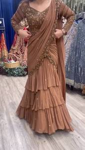 Nuevo Sari de Diseño en Color Rosa y Verde con Estilo de Volantes, Bordado de Georgette con Lentejuelas, Saris Indios para Bodas y Uso Diario - Product Image 3