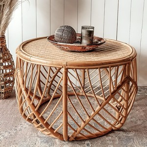 Mesa de centro de madera de lujo, pequeñas mesas auxiliares de ratán tejidas a mano para la sala de estar. - Product Image 1