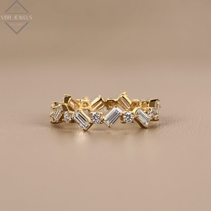 Bague de luxe géométrique en diamant, or jaune, taille baguette et ronde, pour mariage, anniversaire, fournisseur de bijoux pour femme, cadeau - Product Image 1