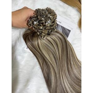 Extensions à pointe plate vietnamiennes vierges, lisses comme des baguettes, brun cendré avec mèches platine, pré-colorées, vente en gros - Product Image 3