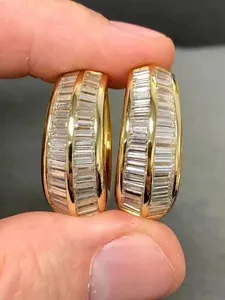 Luxury <b>Simulated</b> Lab Grown Baguette Cut <b>Diamond</b> Unisex Huggies Earring in 14K Yellow Gold Plated - Product Image 1