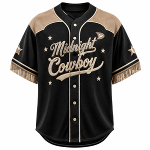 Camiseta de Béisbol Midnight Cowboy para Hombre, Negra con Bordado Dorado, Malla Transpirable, Manga Corta, Cierre de Botones, Corte Regular, para Adultos, Todas las Temporadas - Product Image 1